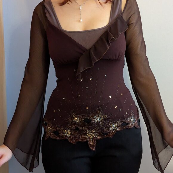 Vintage y2k flare sleeve faux wrap brown top - gold sequin/bead details! - Picture 5 of 5